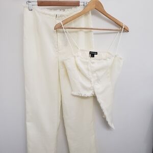 PrettyLittleThing Cream Frayed Button Front Crop Top & High Waist Trousers Set